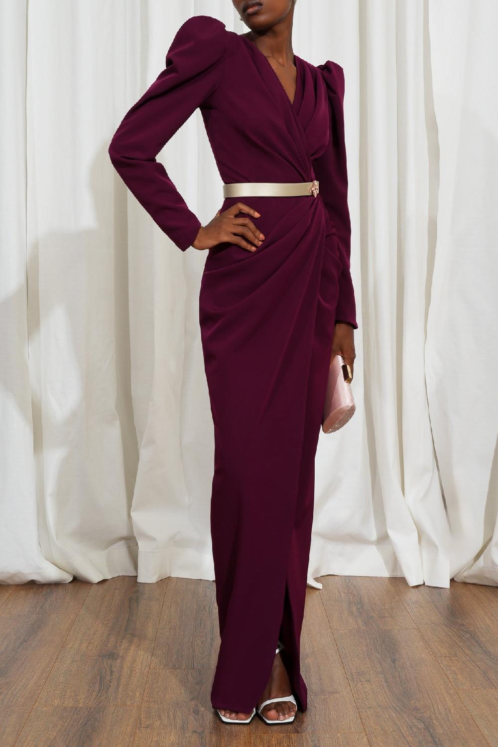 Rhea Costa Chloe Long Crepe Dress In Burgundy