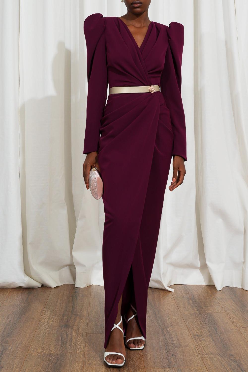 rhea costa Chloe Long Crepe Dress In Burgundy