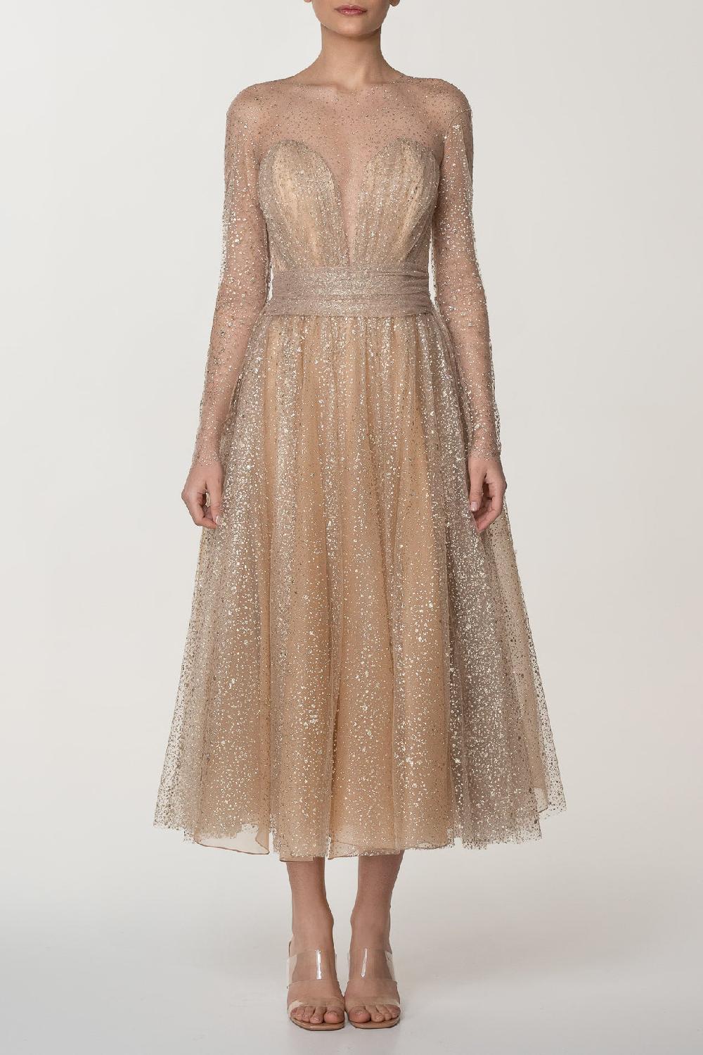 Rhea Costa Chrysa Gold Glitter Tulle Bodice Gown