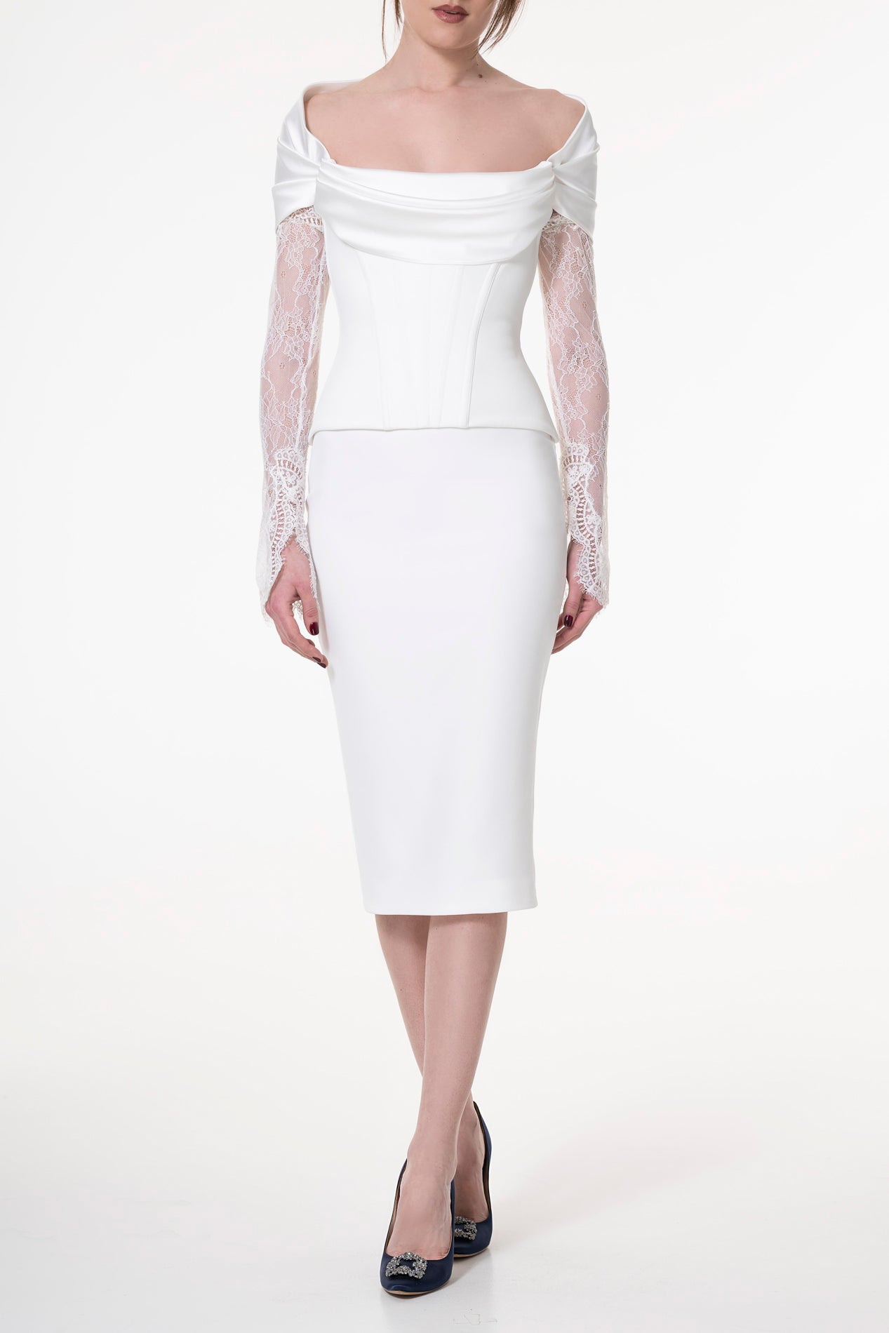 Rhea Costa Conical Midi Crepe Skirt In Ivory