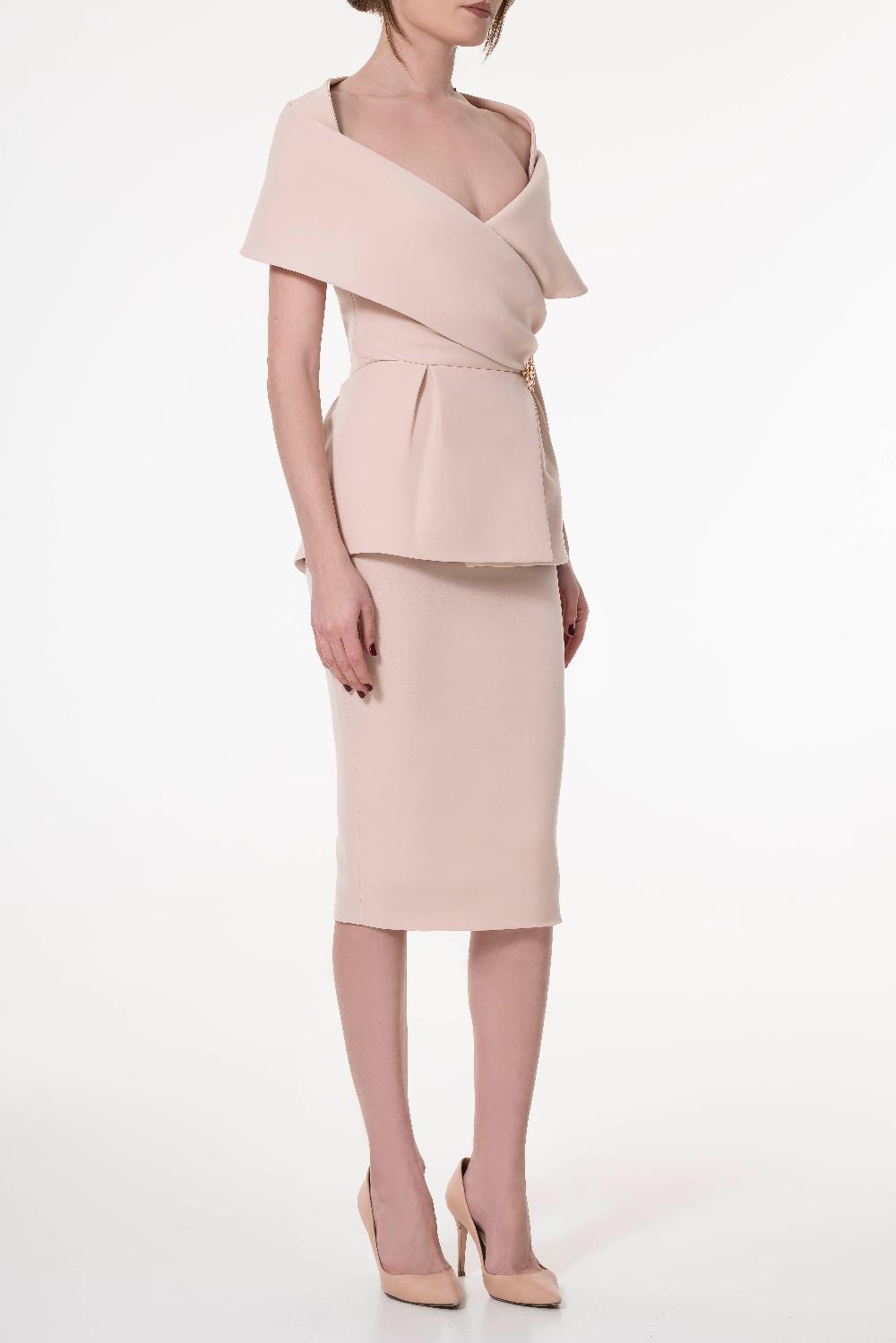 Rhea Costa Conical Midi Crepe Skirt In Nude Rose