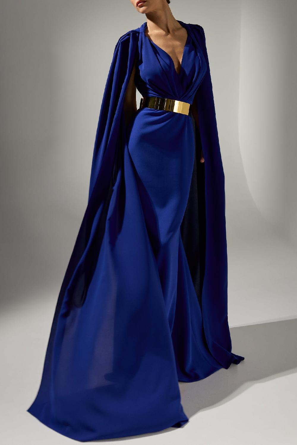 Rhea Costa Dalal Cape-Dress In Royal-Blue