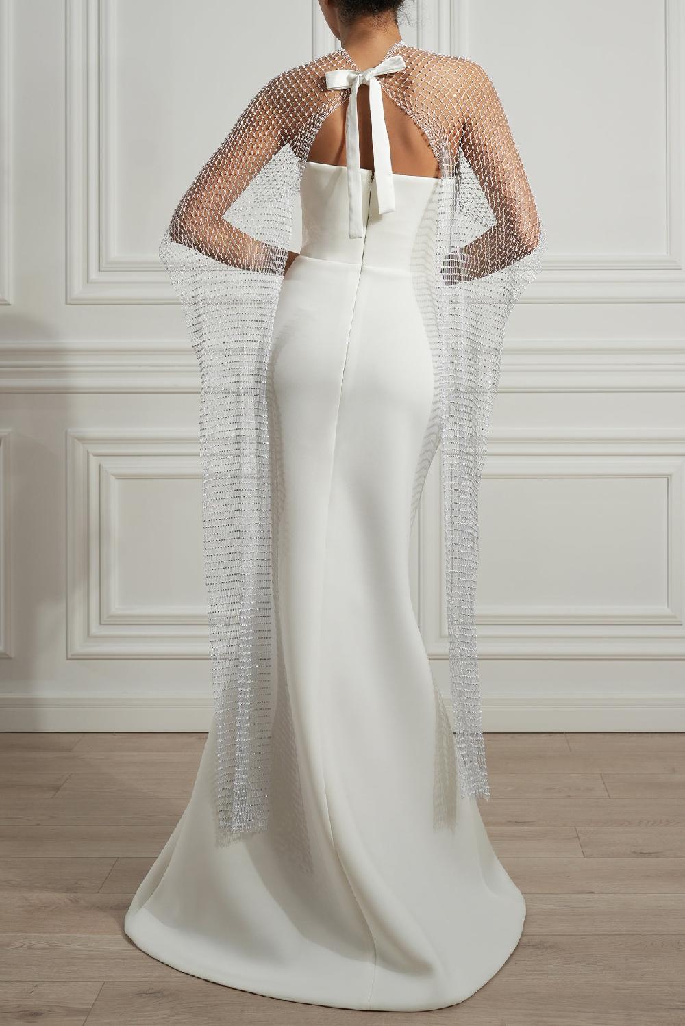 Rhea Costa Detachable Crystal Cape In White