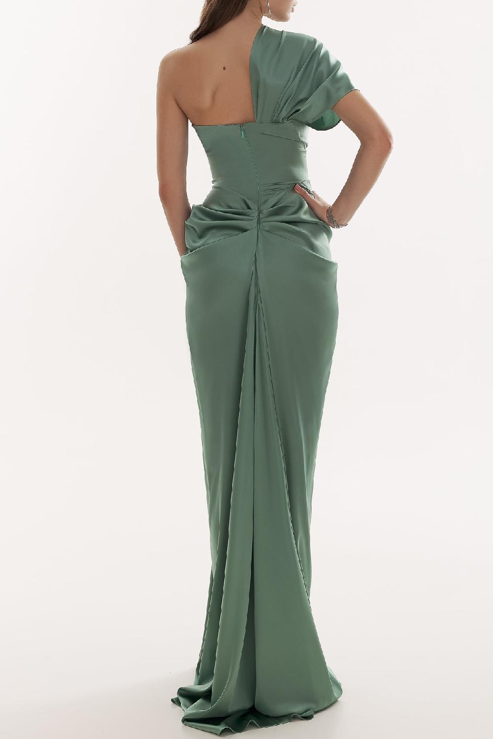 Rhea Costa Elena Silk Satin Long Dress In Sage