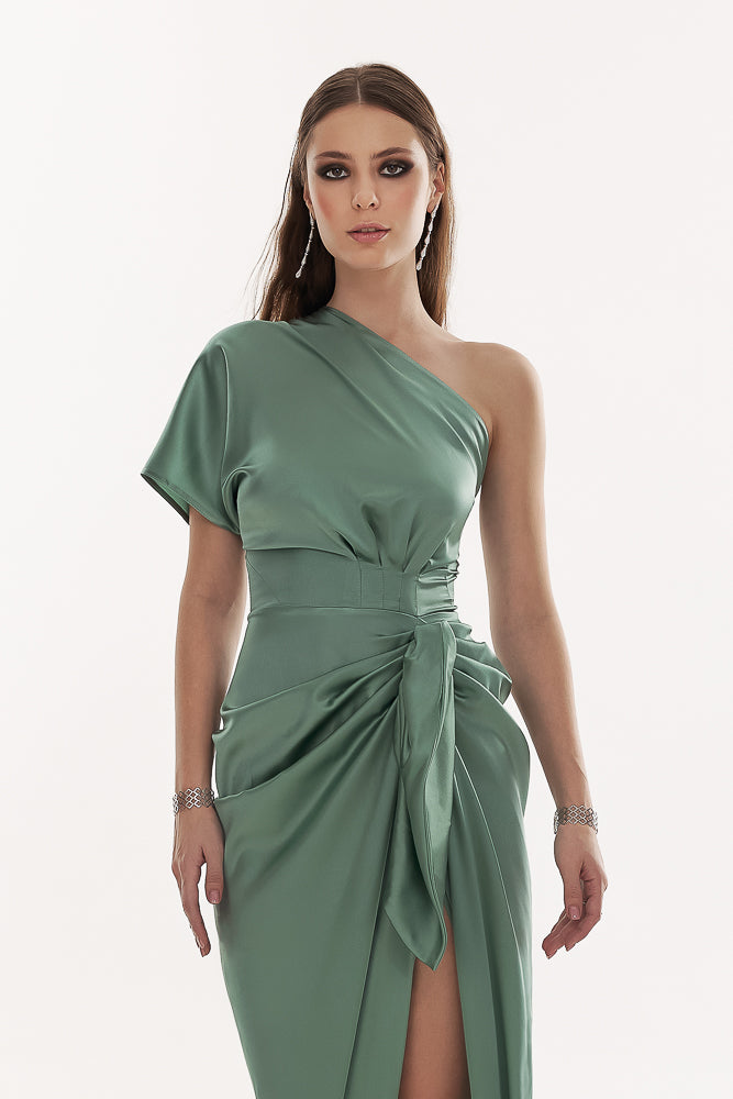 Rhea Costa Elena Silk Satin Long Dress In Sage