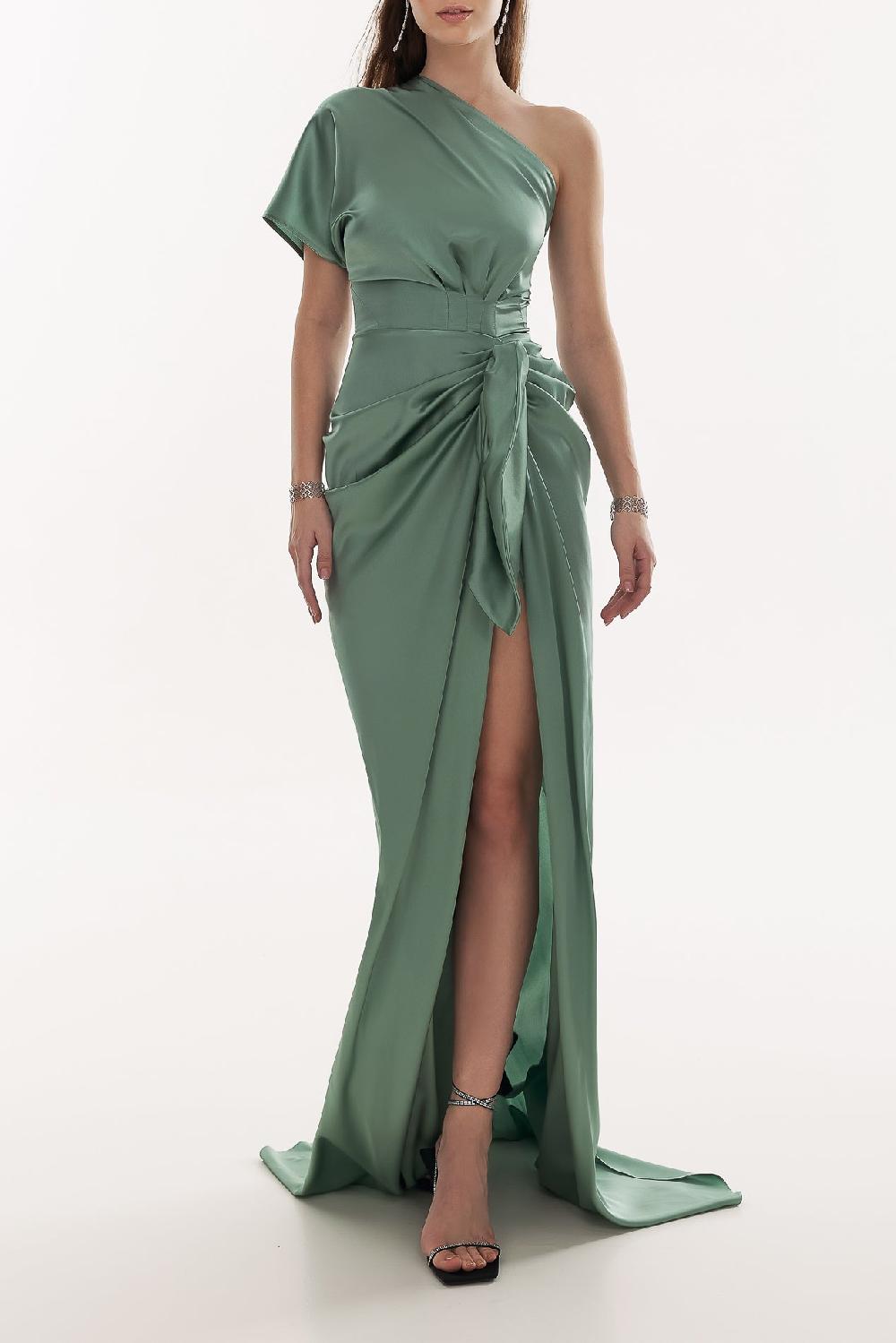Rhea Costa Elena Silk Satin Long Dress In Sage