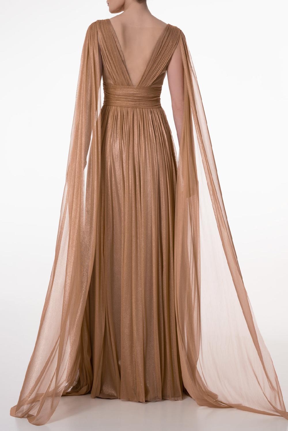 Rhea Costa Elmira Silk Tulle Long Dress In Gold