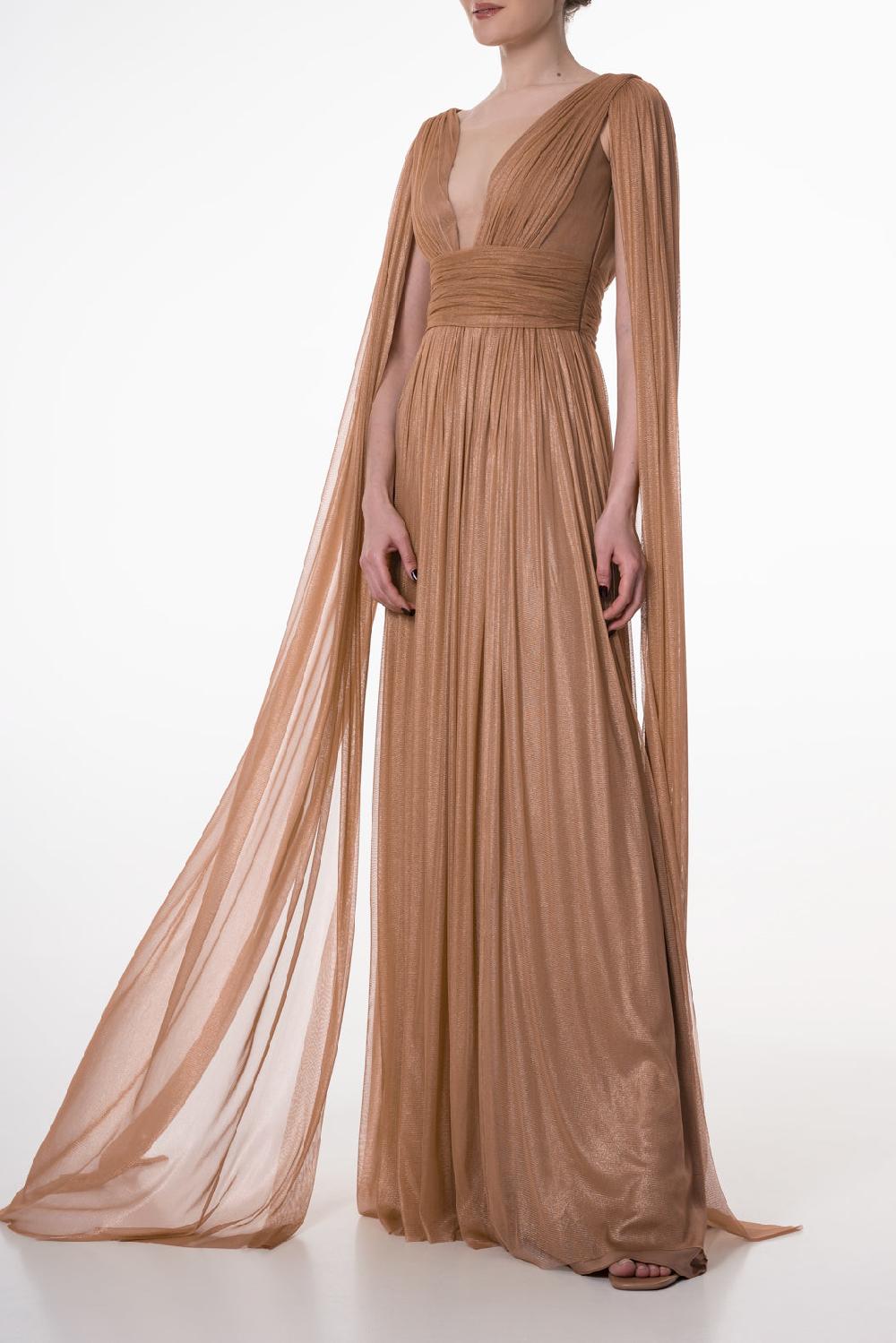 Rhea Costa Elmira Silk Tulle Long Dress In Gold