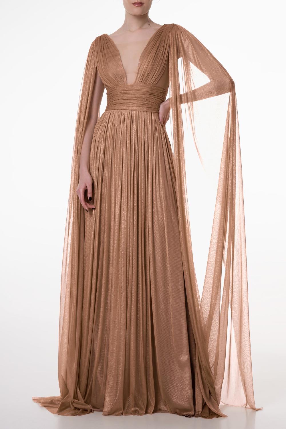 rhea costa Elmira Silk Tulle Long Dress In Gold