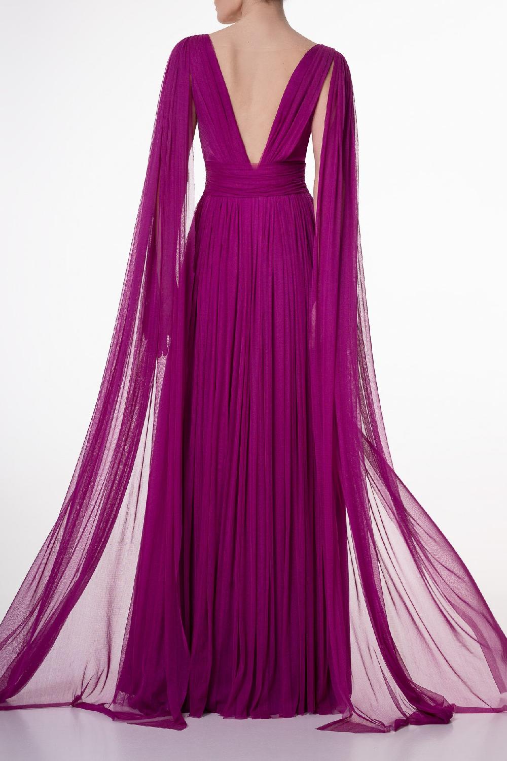 Rhea Costa Elmira Silk Tulle Long Dress In Magenta