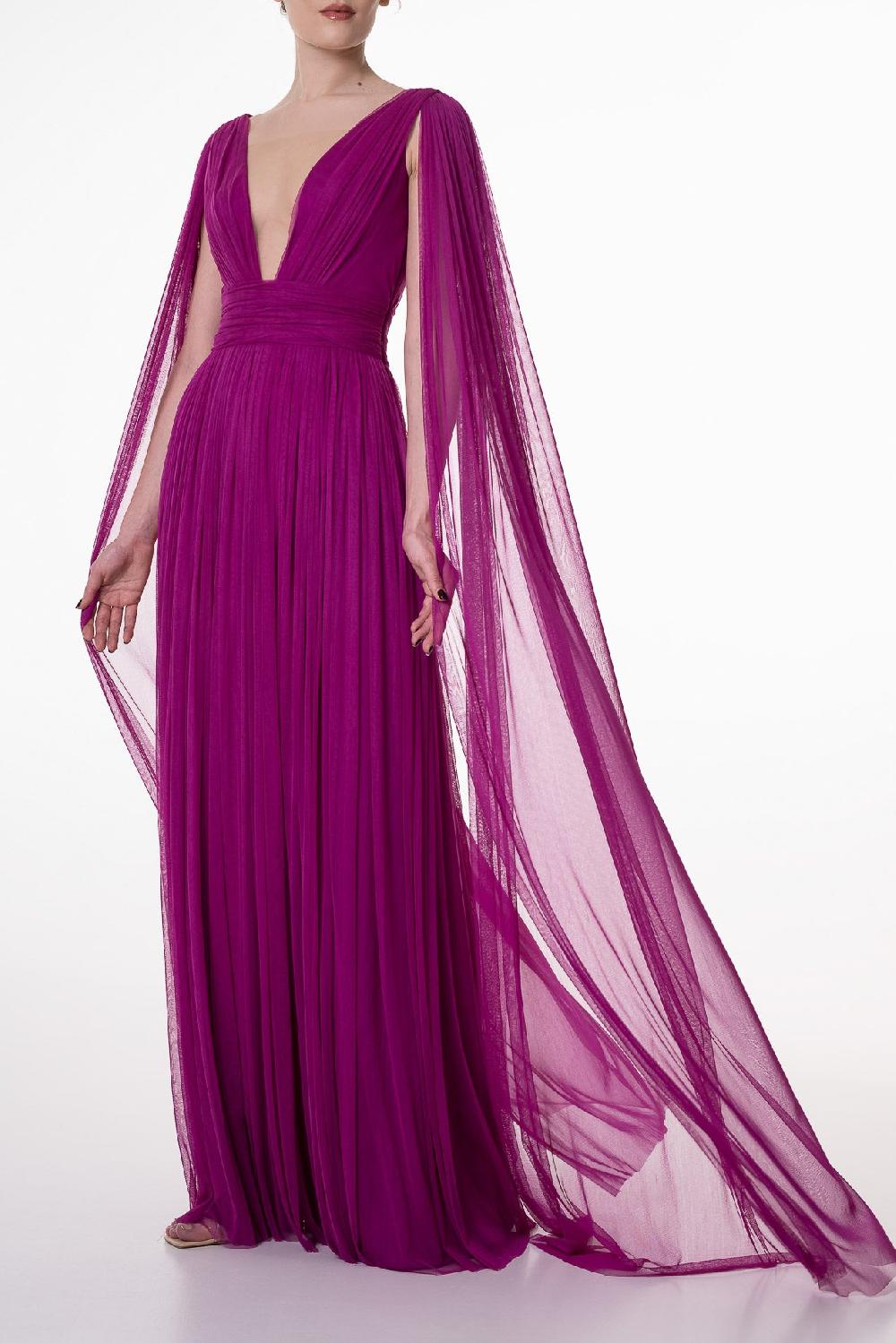 Rhea Costa Elmira Silk Tulle Long Dress In Magenta
