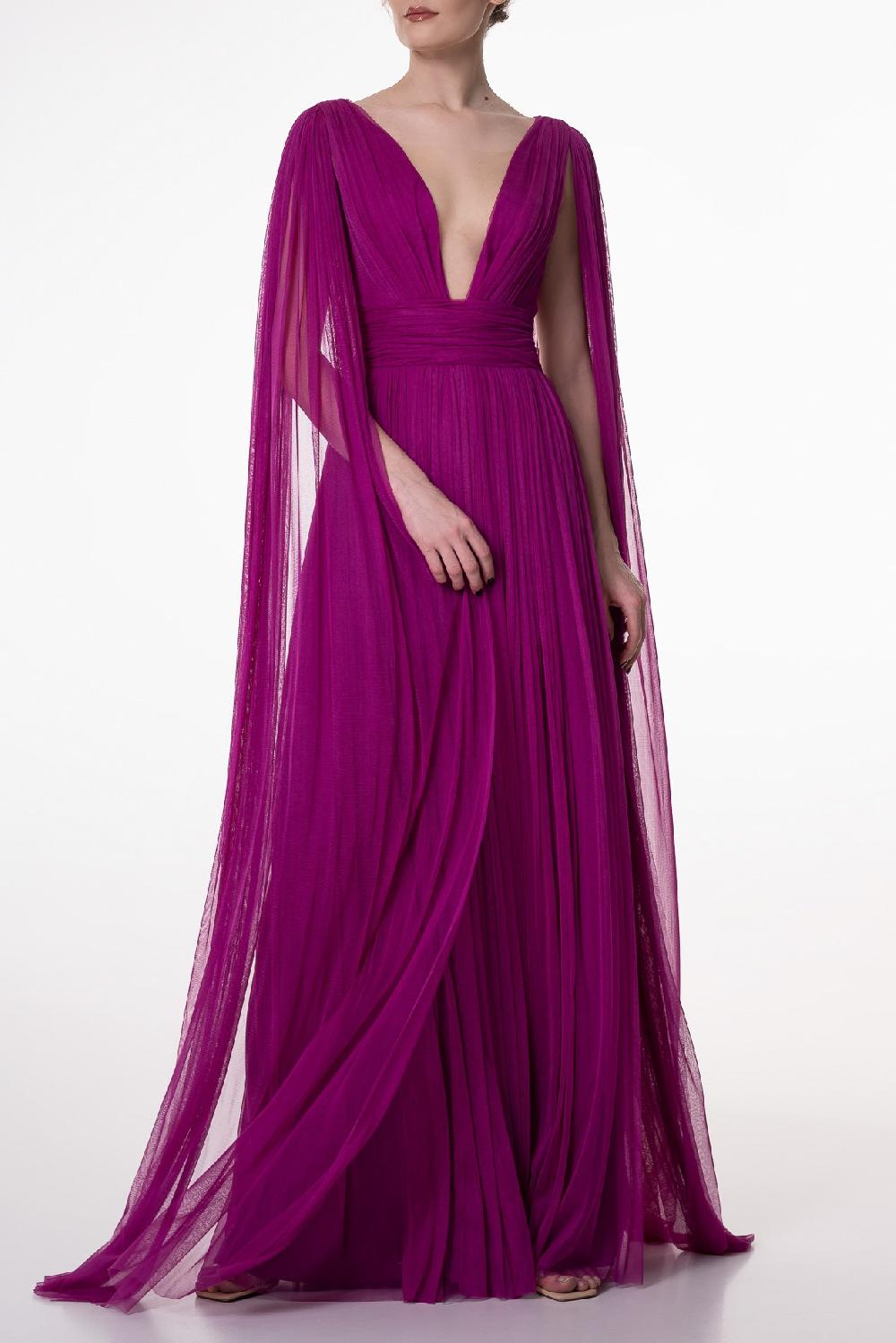Rhea Costa Elmira Silk Tulle Long Dress In Magenta