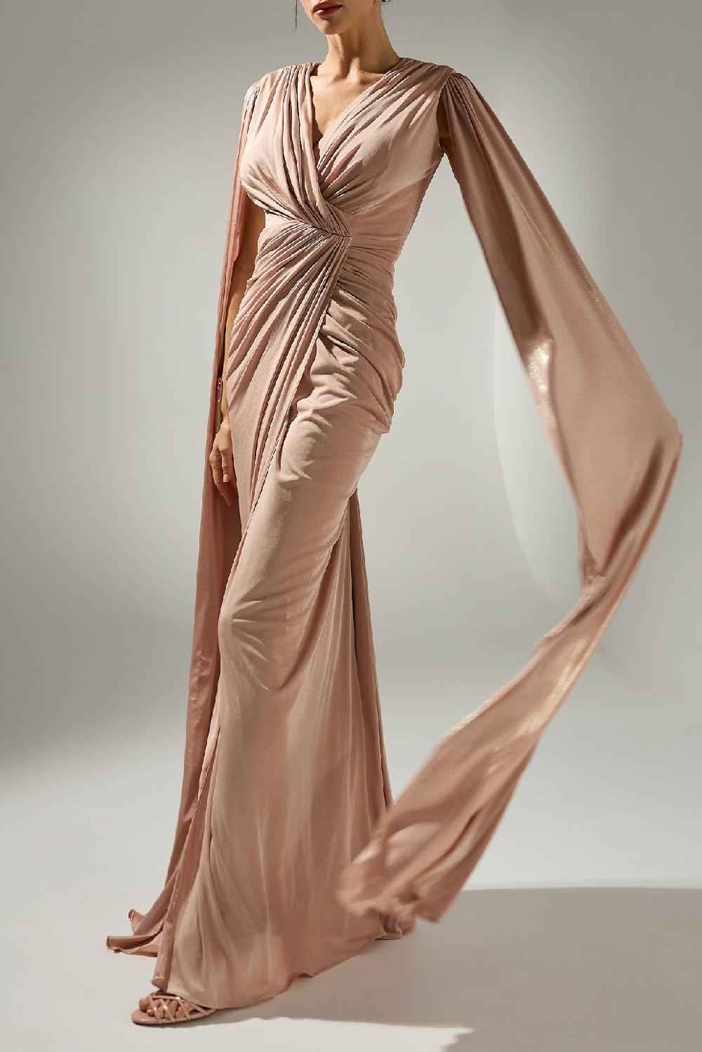 Rhea Costa Evelyn Cape-Dress In Desert-Sand