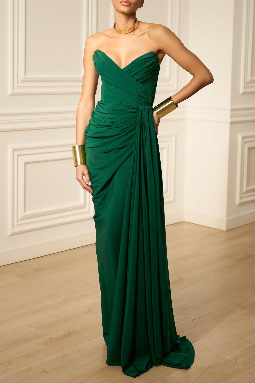 Rhea Costa Gaia Silk Dress In Forest-Green