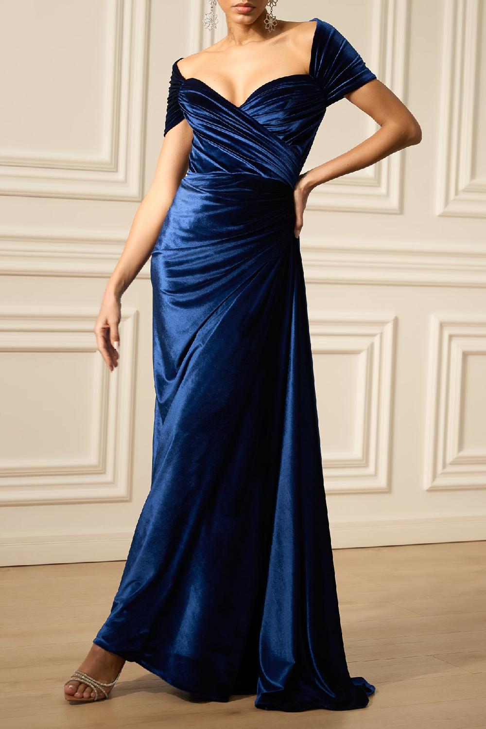 rhea costa Gaia Velvet Long Dress In Midnight-Blue