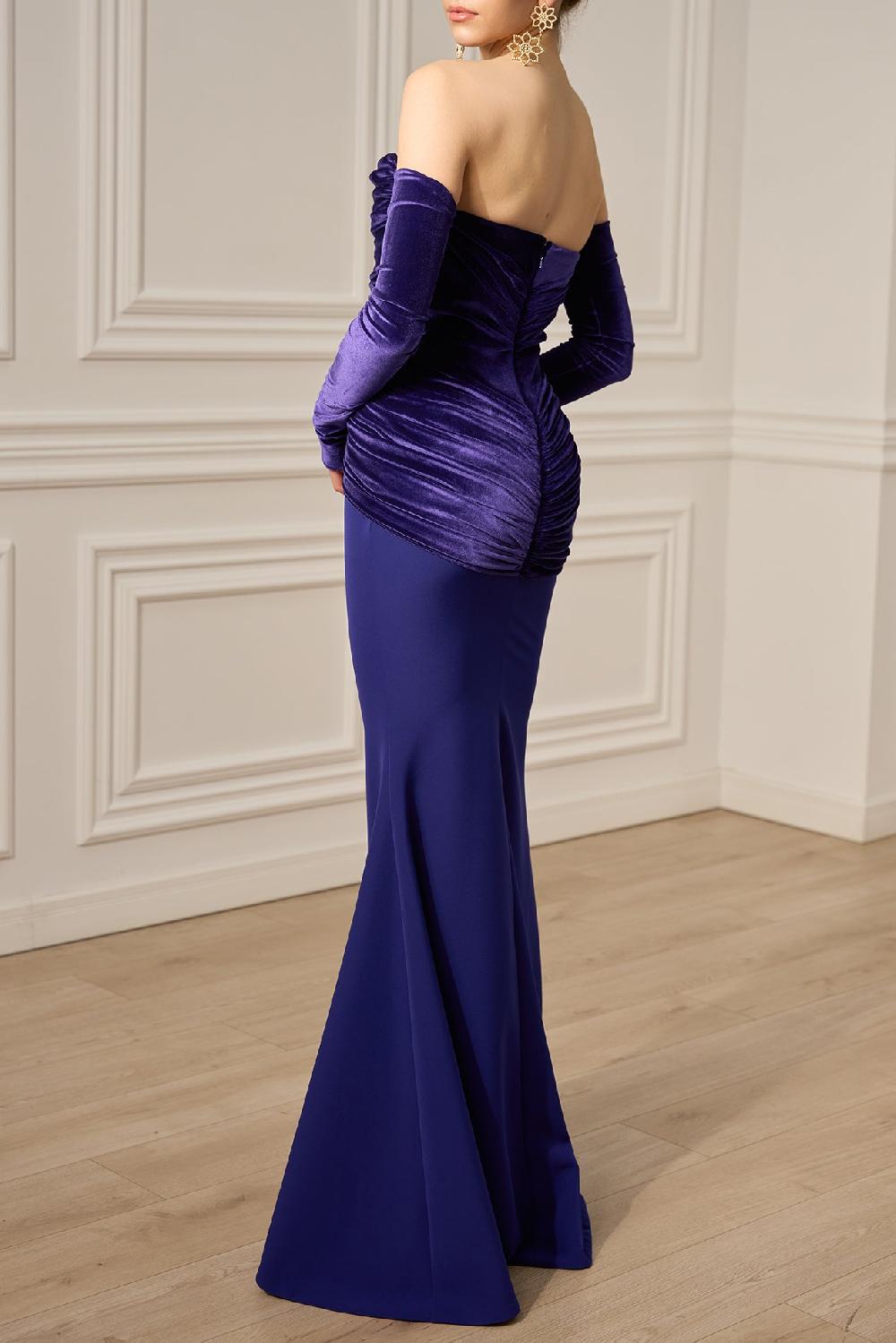 Rhea Costa Habiba Velvet Long Dress In Indigo
