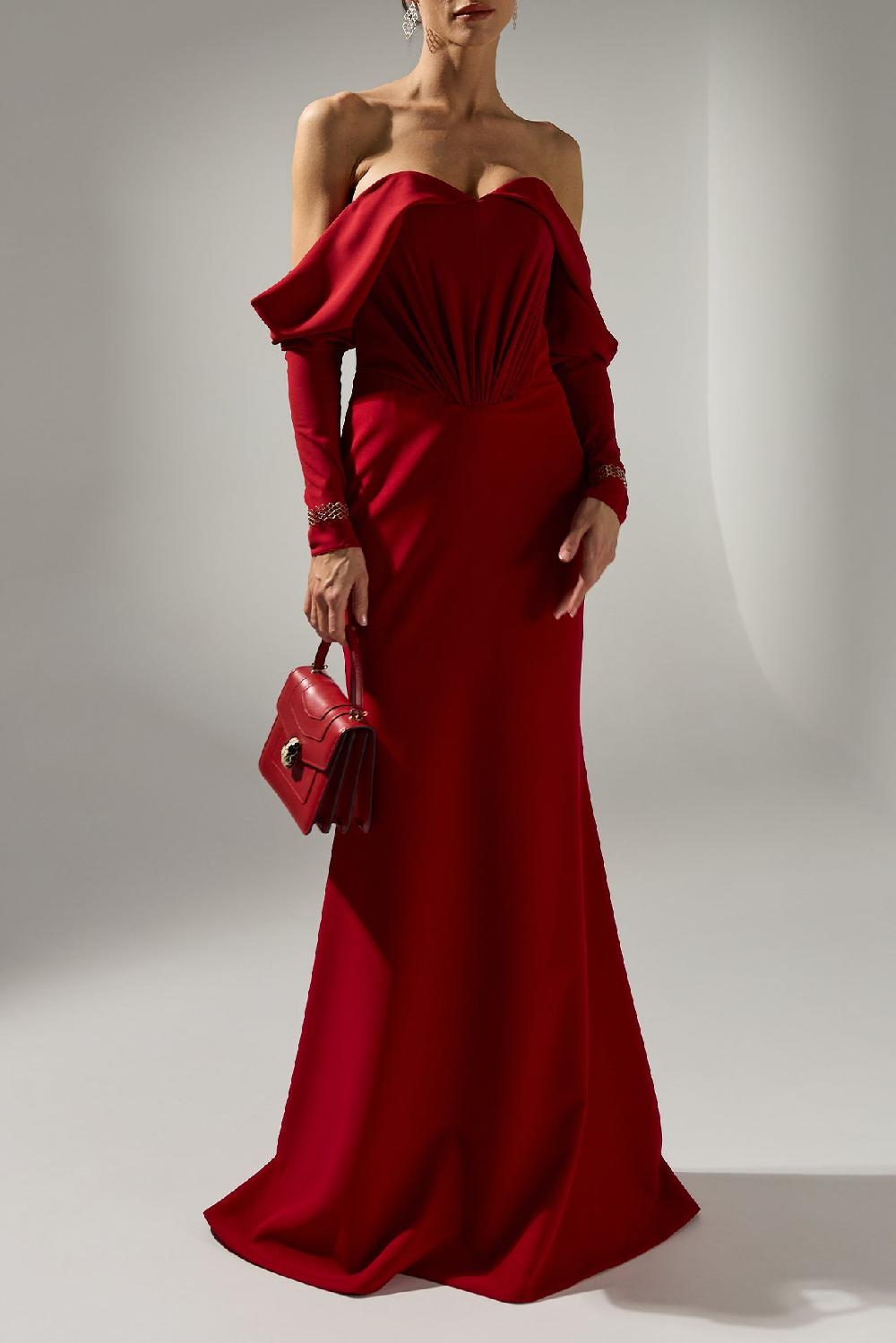 rhea costa Hala Long Dress In Ruby-Red