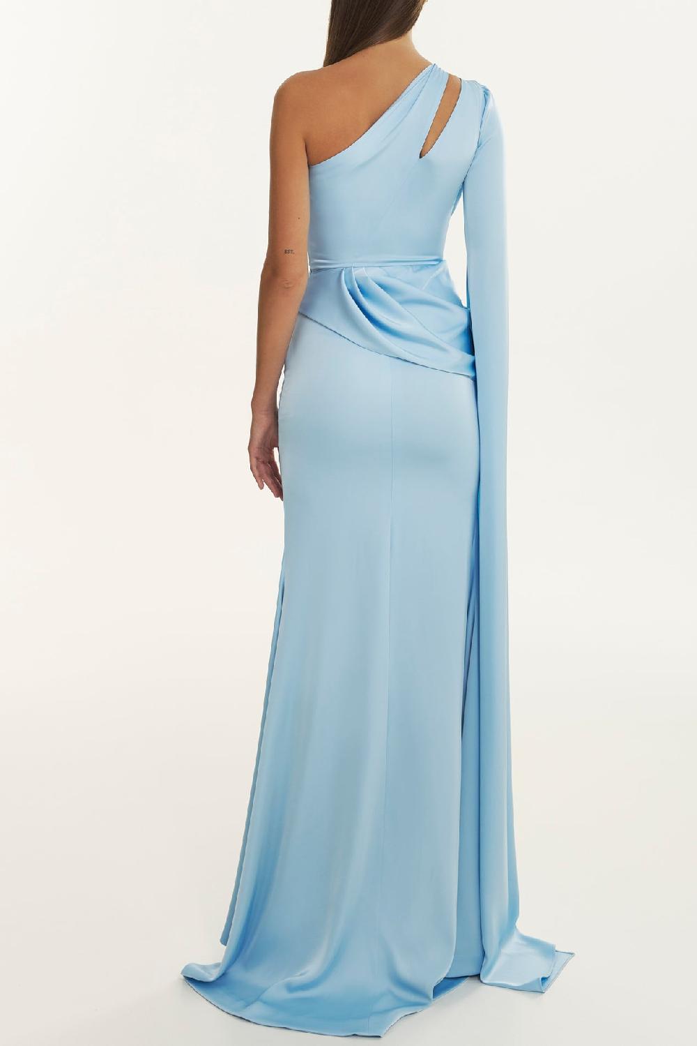 Rhea Costa Hera Frost Blue Light Satin Long Dress