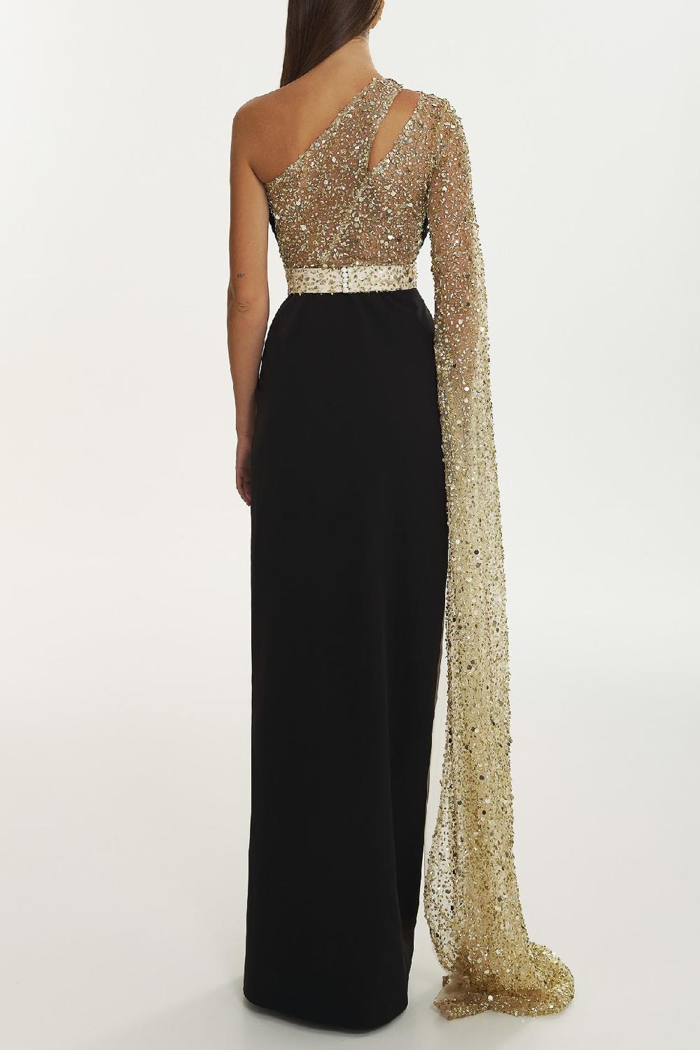 Rhea Costa Inaya Cape-efect Dress In Black-Gold