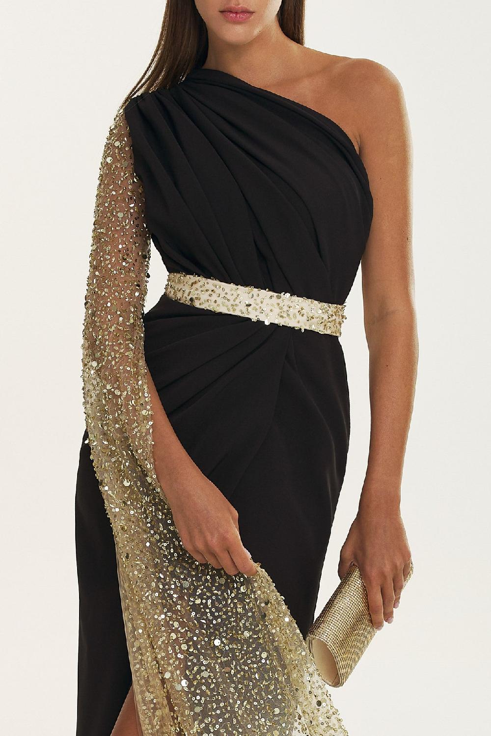 Rhea Costa Inaya Cape-efect Dress In Black-Gold