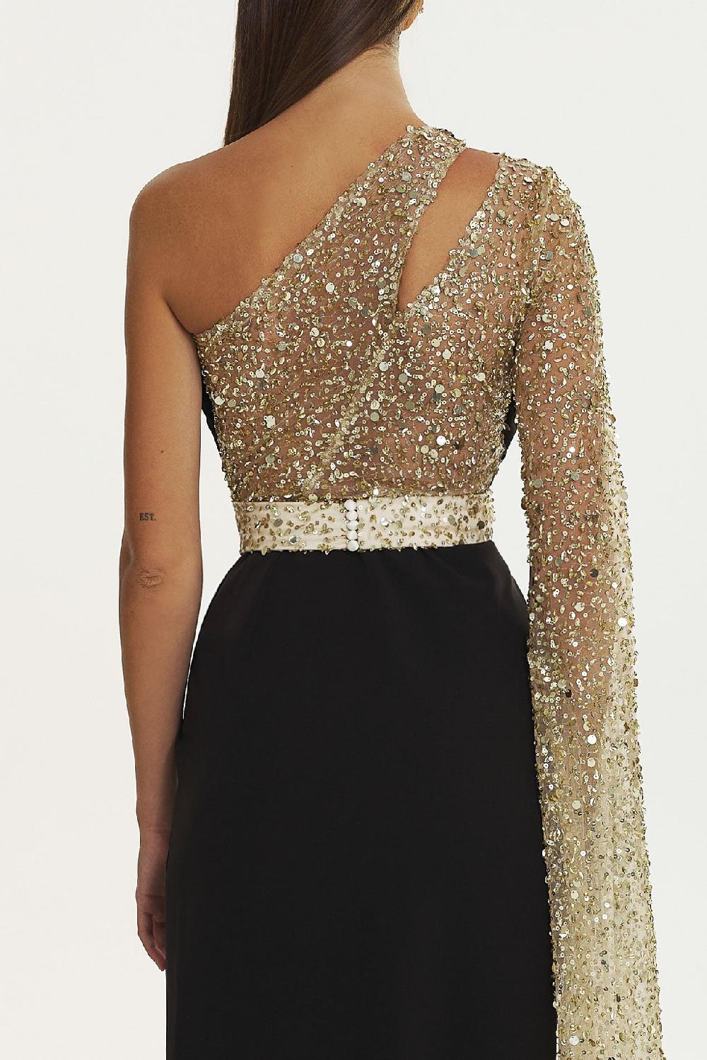 Rhea Costa Inaya Cape-efect Dress In Black-Gold