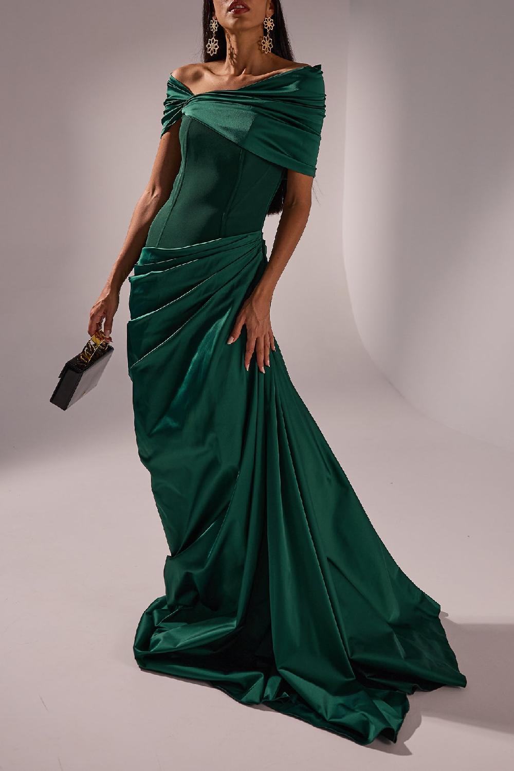 rhea costa Iris Dress In Forest-Green
