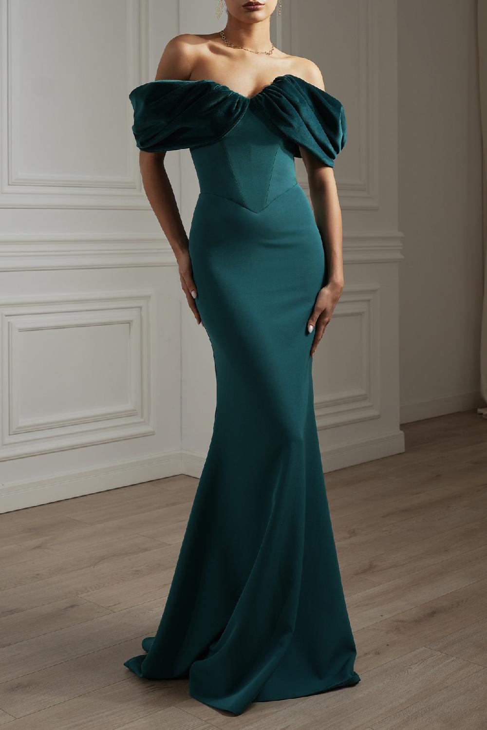 rhea costa Ivonna Crepe Velvet Gown In Petrol