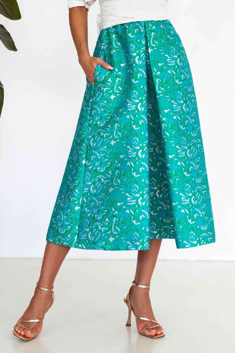rhea costa Jasmine Brocade Skirt In Teal