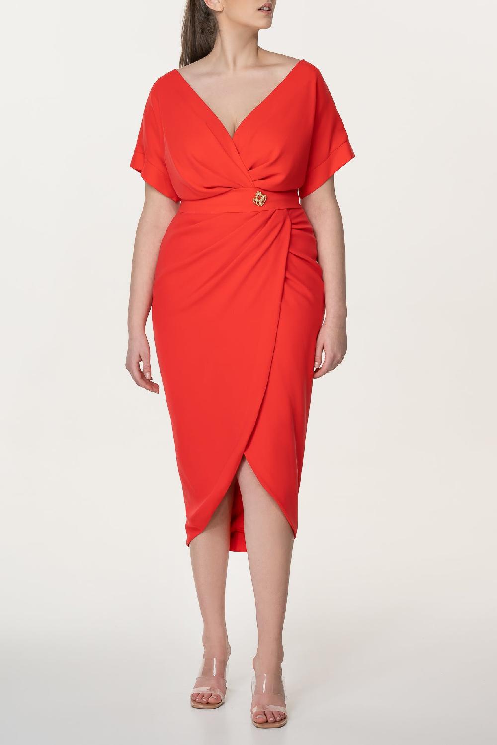 Rhea Costa Jaya Crepe Midi Dress In Coral Red
