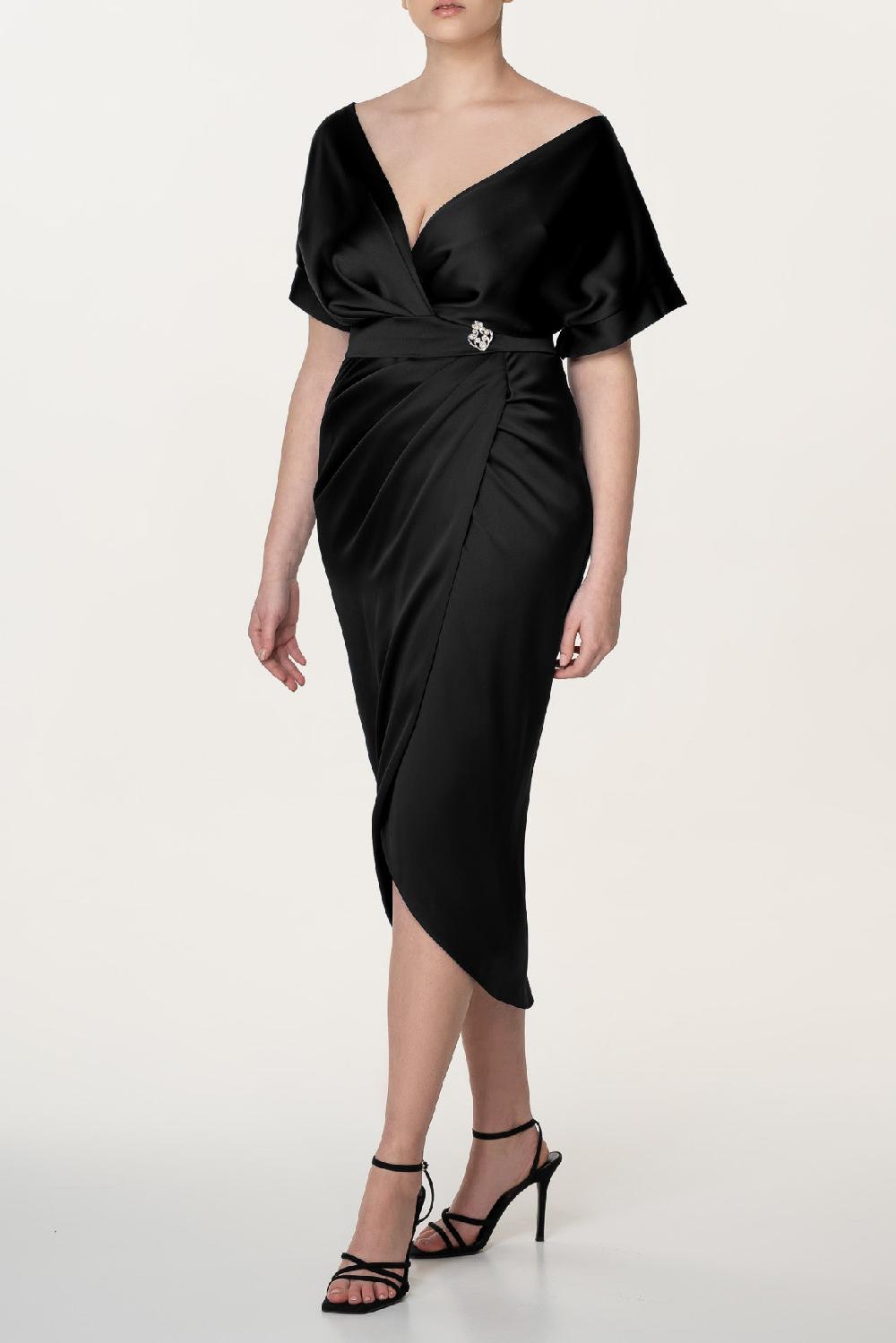 rhea costa Jaya Satin Midi Dress in Black