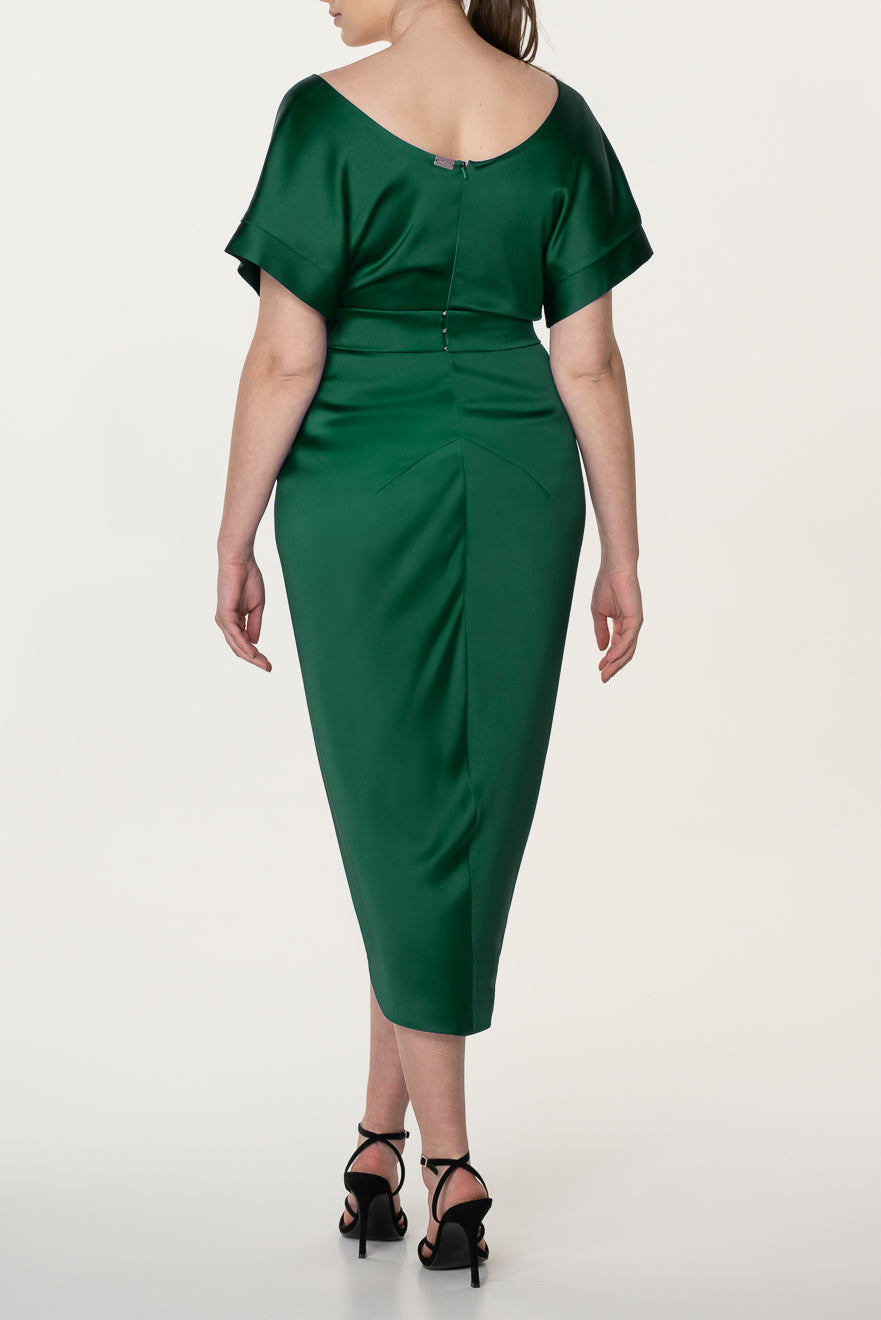 Rhea Costa Jaya Satin Midi Dress In Emerald