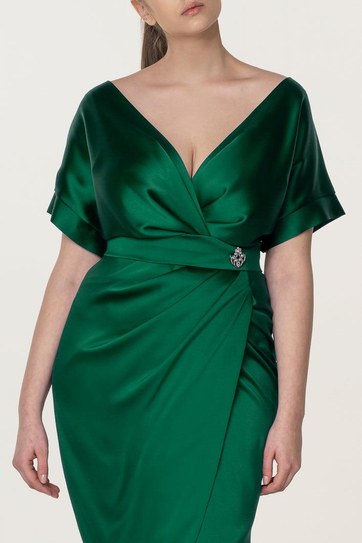 Rhea Costa Jaya Satin Midi Dress In Emerald