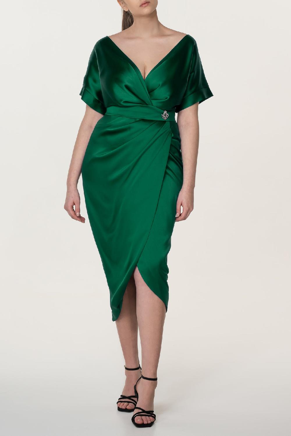 rhea costa Jaya Satin Midi Dress in Emerald
