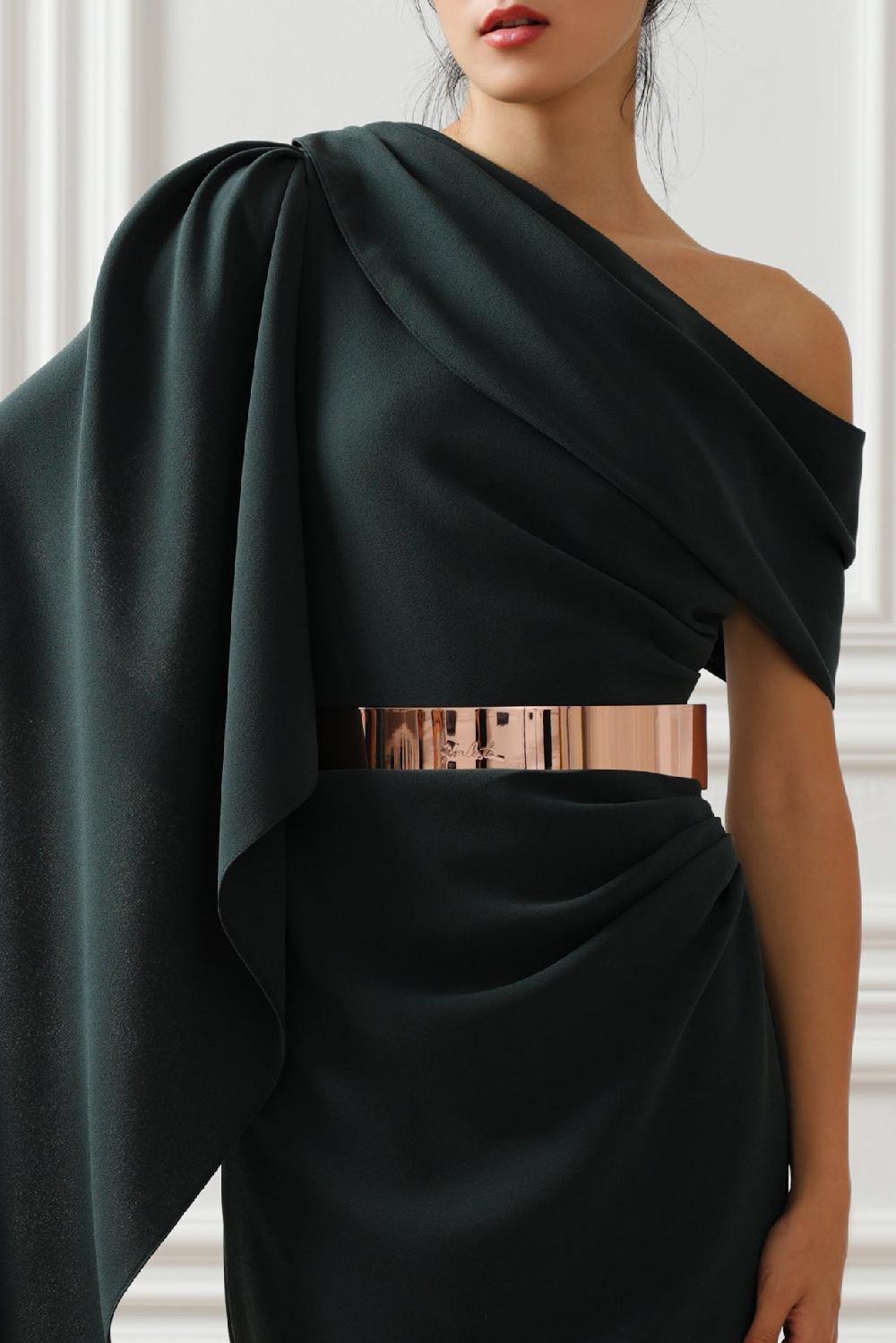 Rhea Costa Karen One-Shoulder Dress In Pine Green