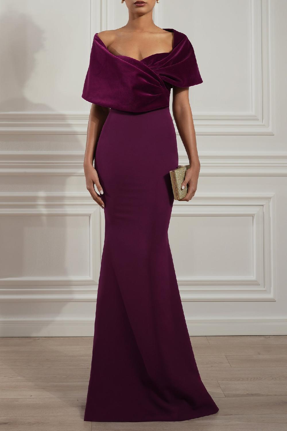 rhea costa Kavya Crepe Velvet Gown In Dark-Purple