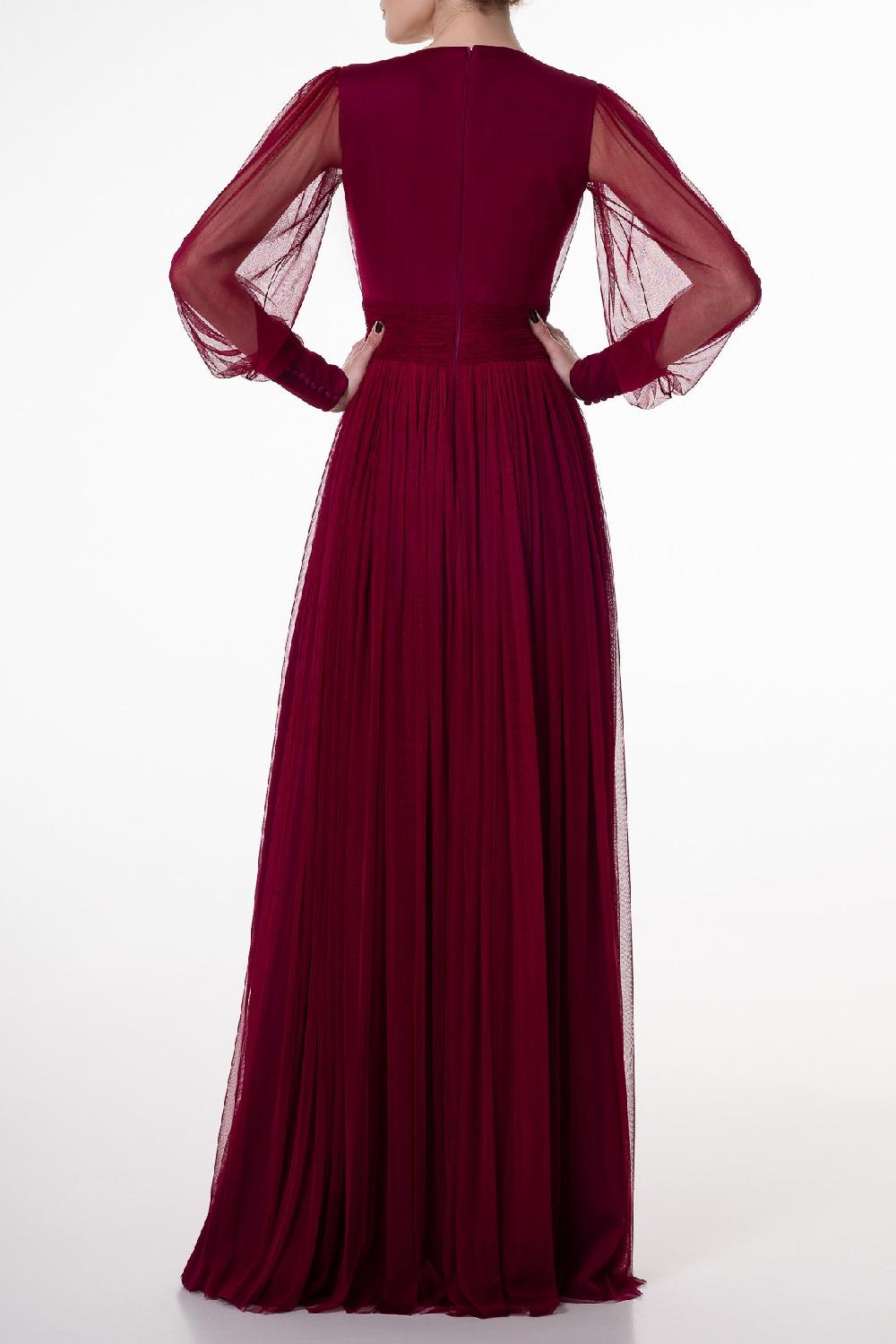 Rhea Costa Kaya Silk Tulle Long Dress In Burgundy
