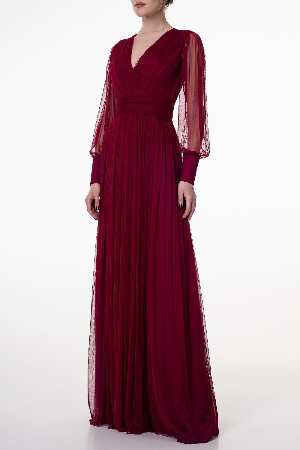 Rhea Costa Kaya Silk Tulle Long Dress In Burgundy