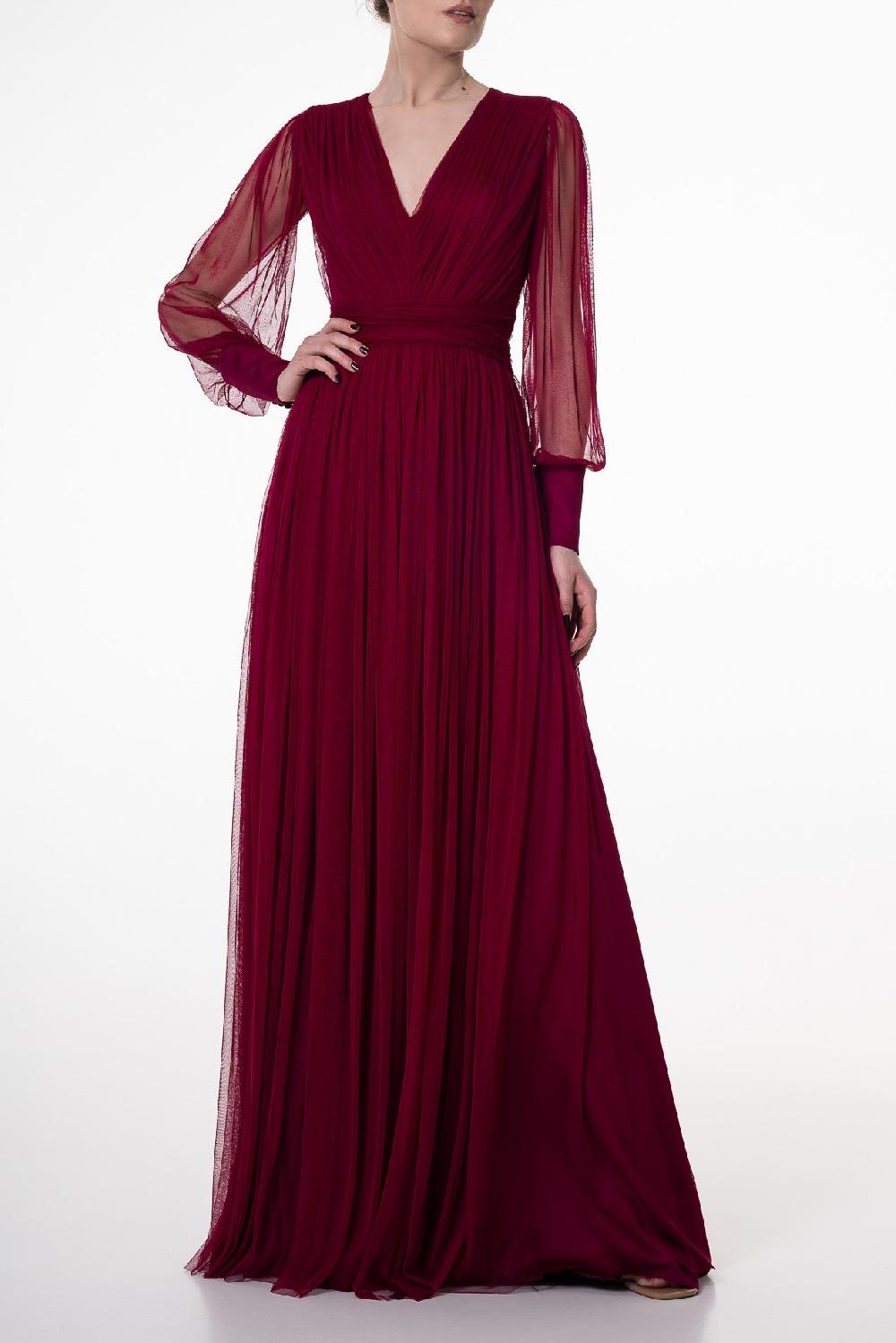 rhea costa Kaya Silk Tulle Long Dress In Burgundy