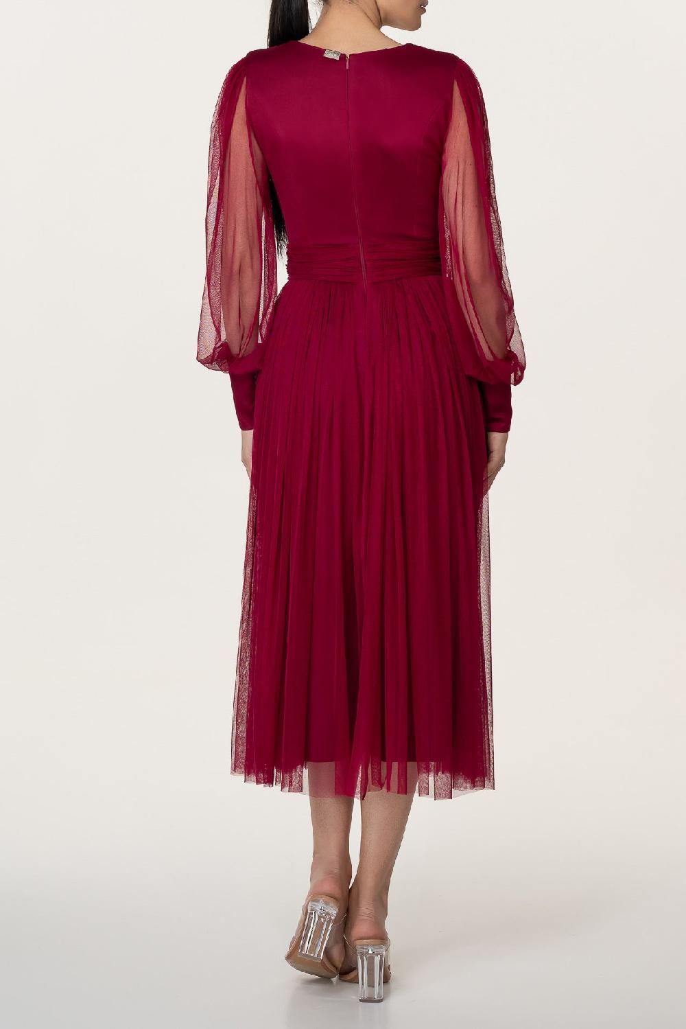 Rhea Costa Kaya Silk Tulle Midi Dress In Burgundy