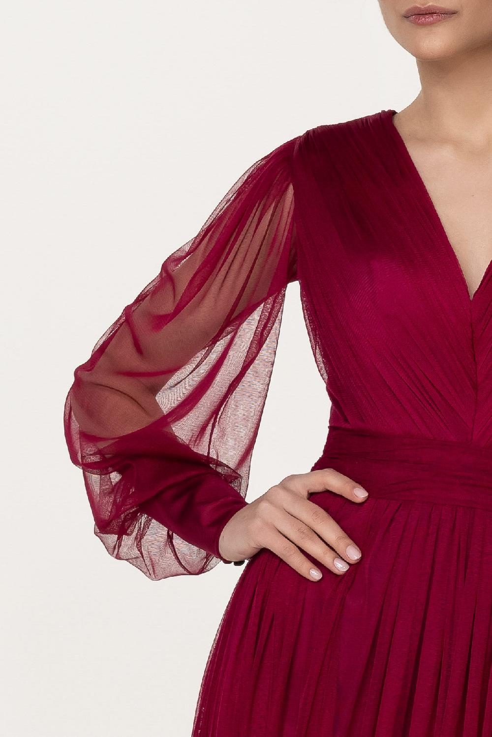 Rhea Costa Kaya Silk Tulle Midi Dress In Burgundy