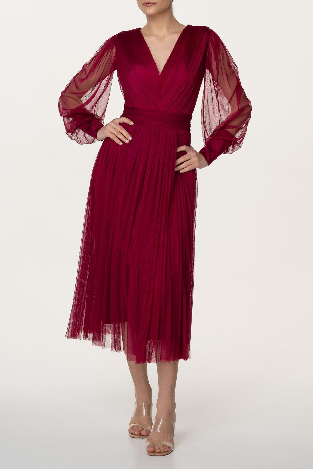 rhea costa Kaya Silk Tulle Midi Dress In Burgundy