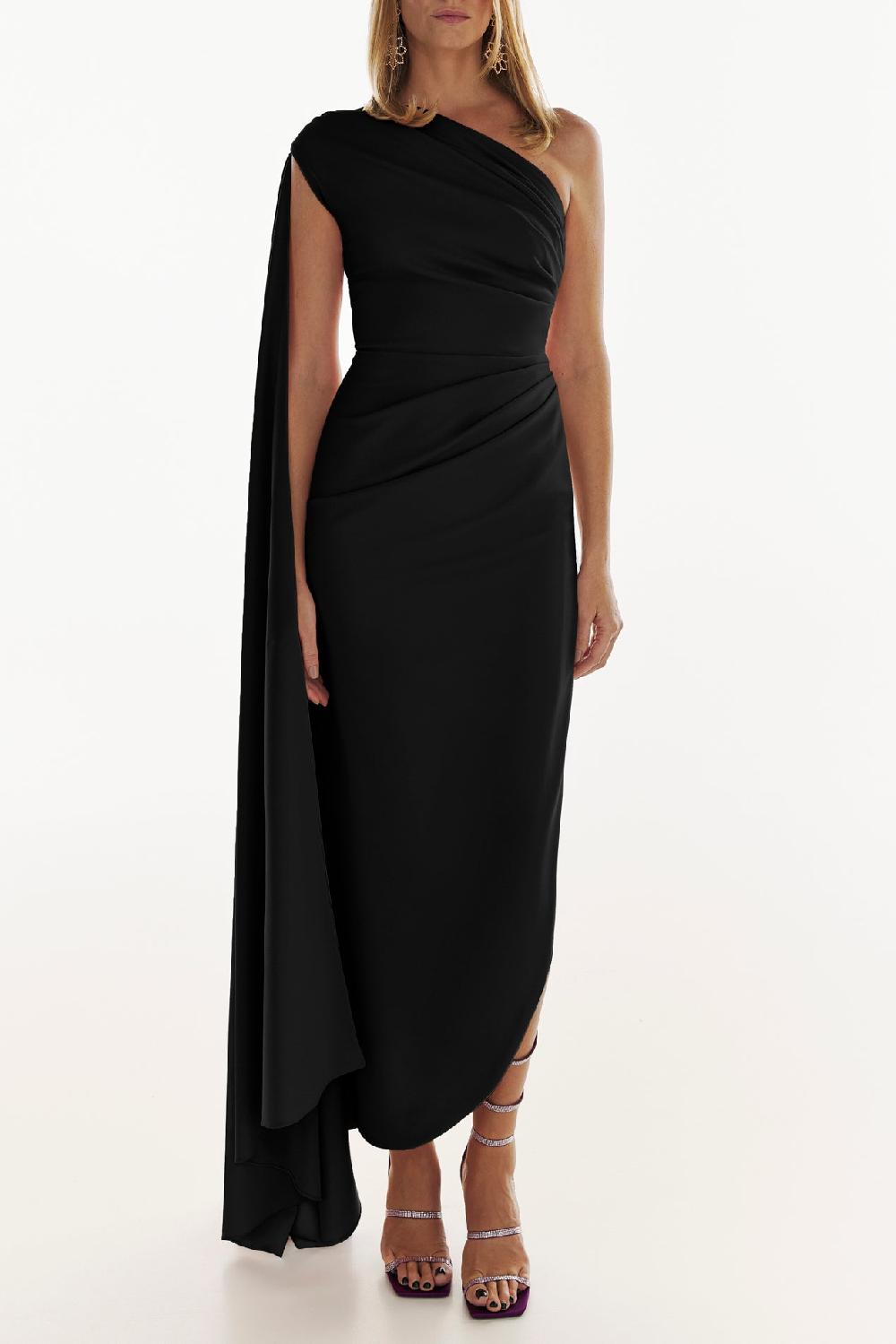 rhea costa Kelly Crepe Ankle Length Dress in Black