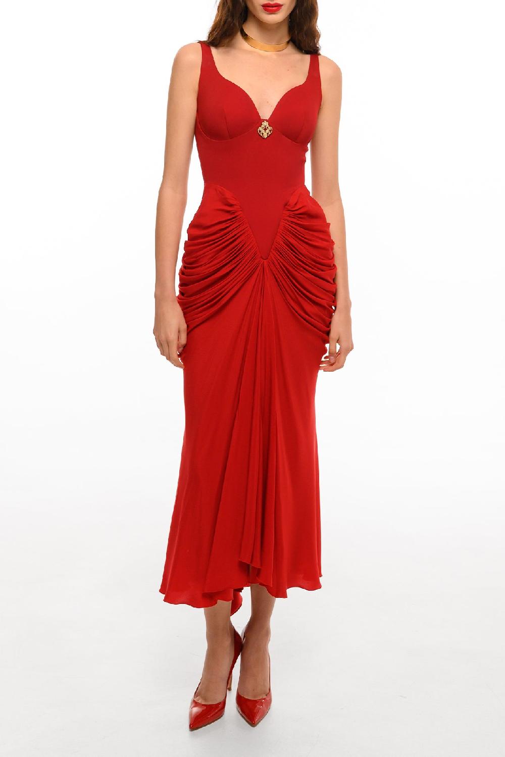 rhea costa Kiara Ankle Length Dress In Carmine