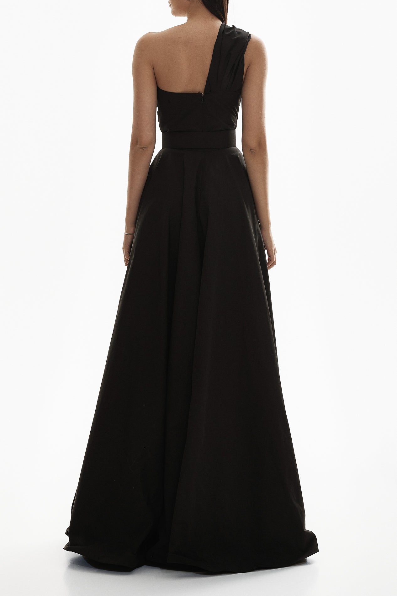 Rhea Costa Leen Black Asymmetrical Taffeta Gown