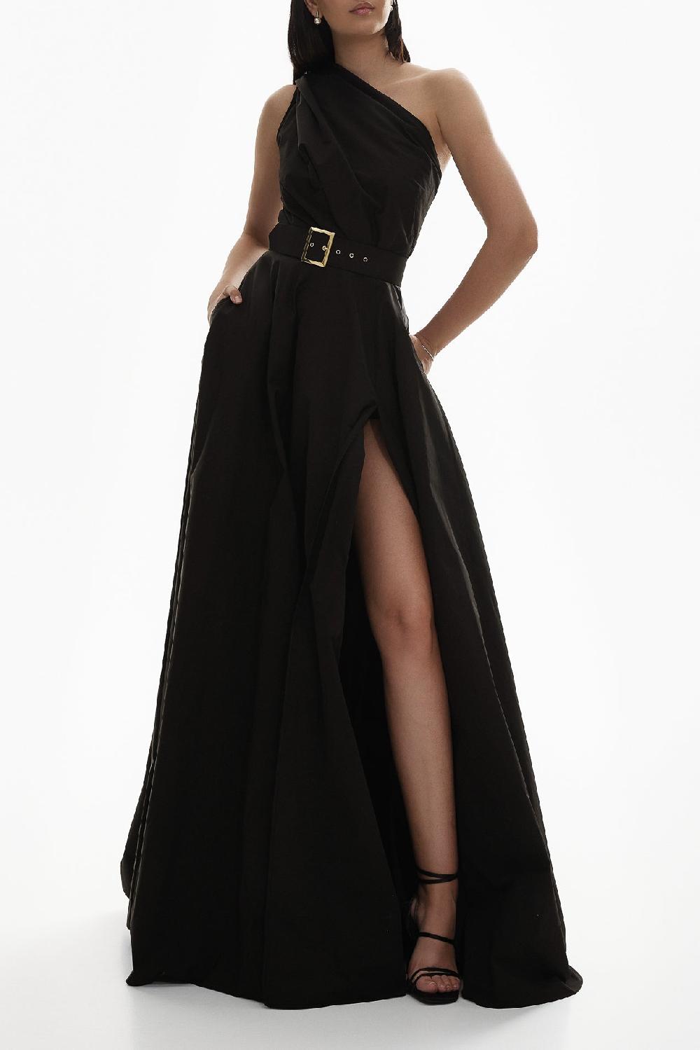 rhea costa Leen Black Asymmetrical Taffeta Gown