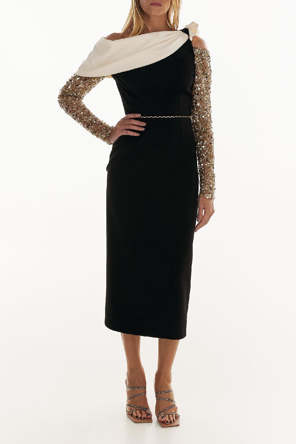 rhea costa Leonie Crepe Midi Dress In Black-Gold
