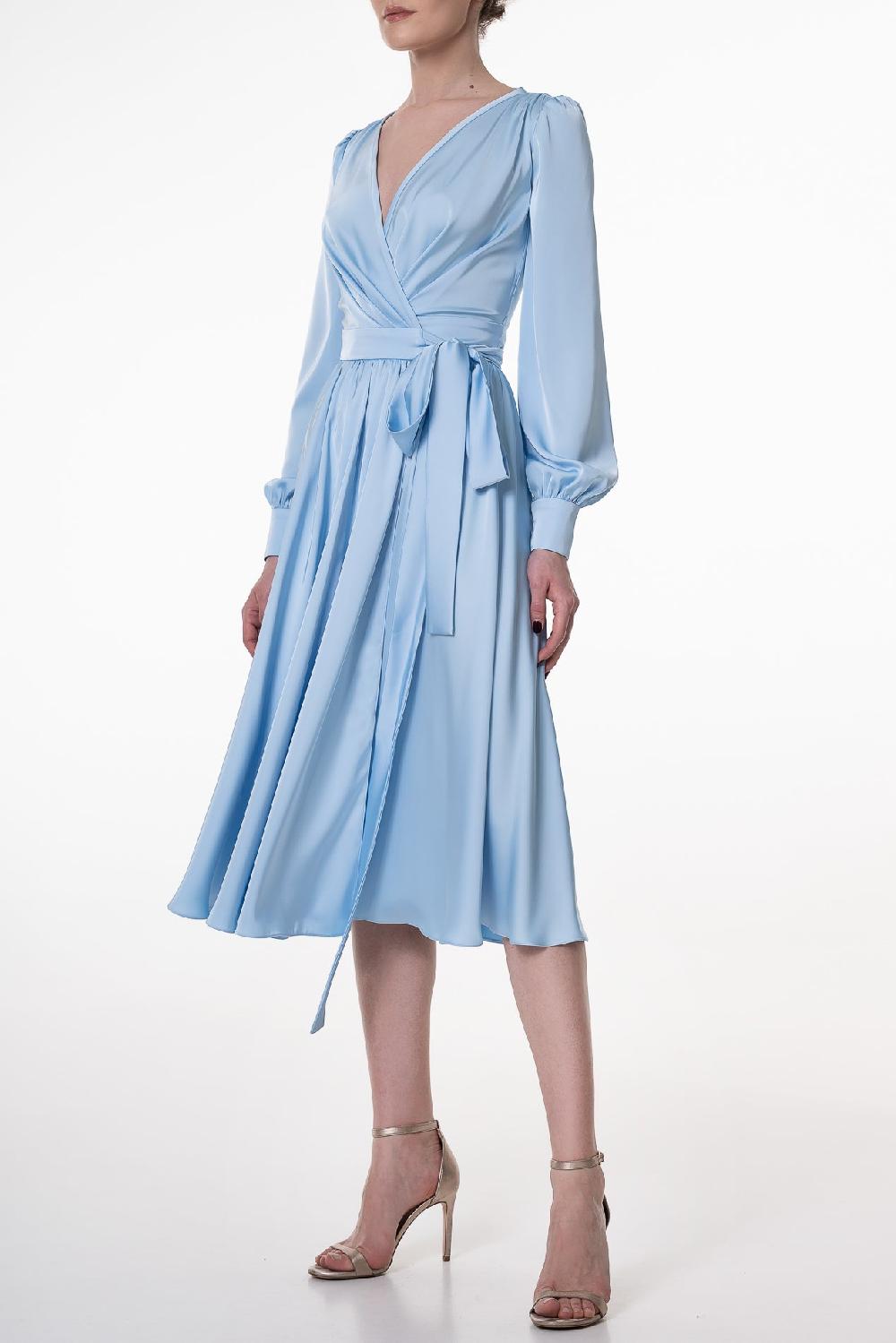 Rhea Costa Louise Soft Blue Satin Crepe Midi Dress