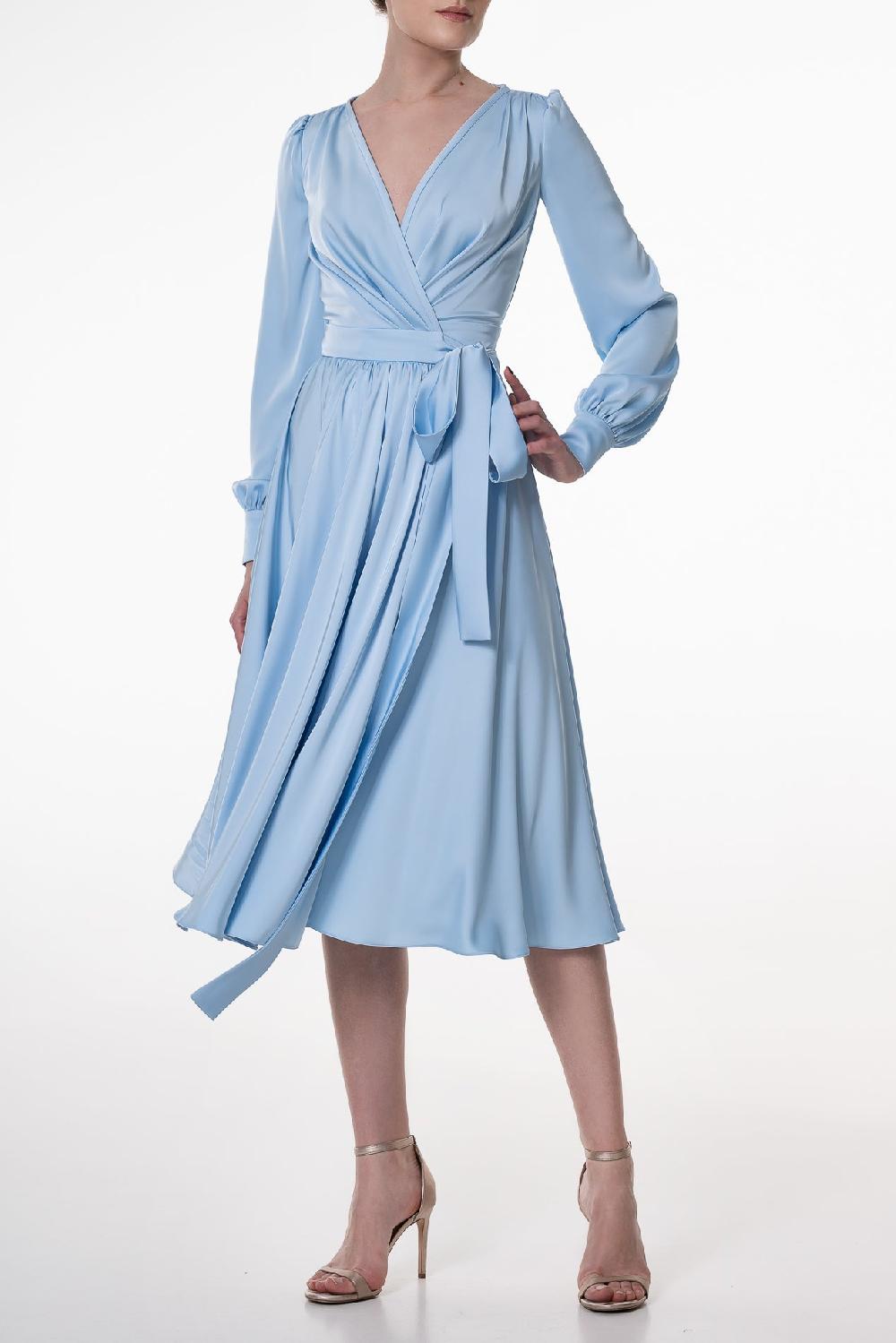 rhea costa Louise Soft Blue Satin Crepe Midi Dress