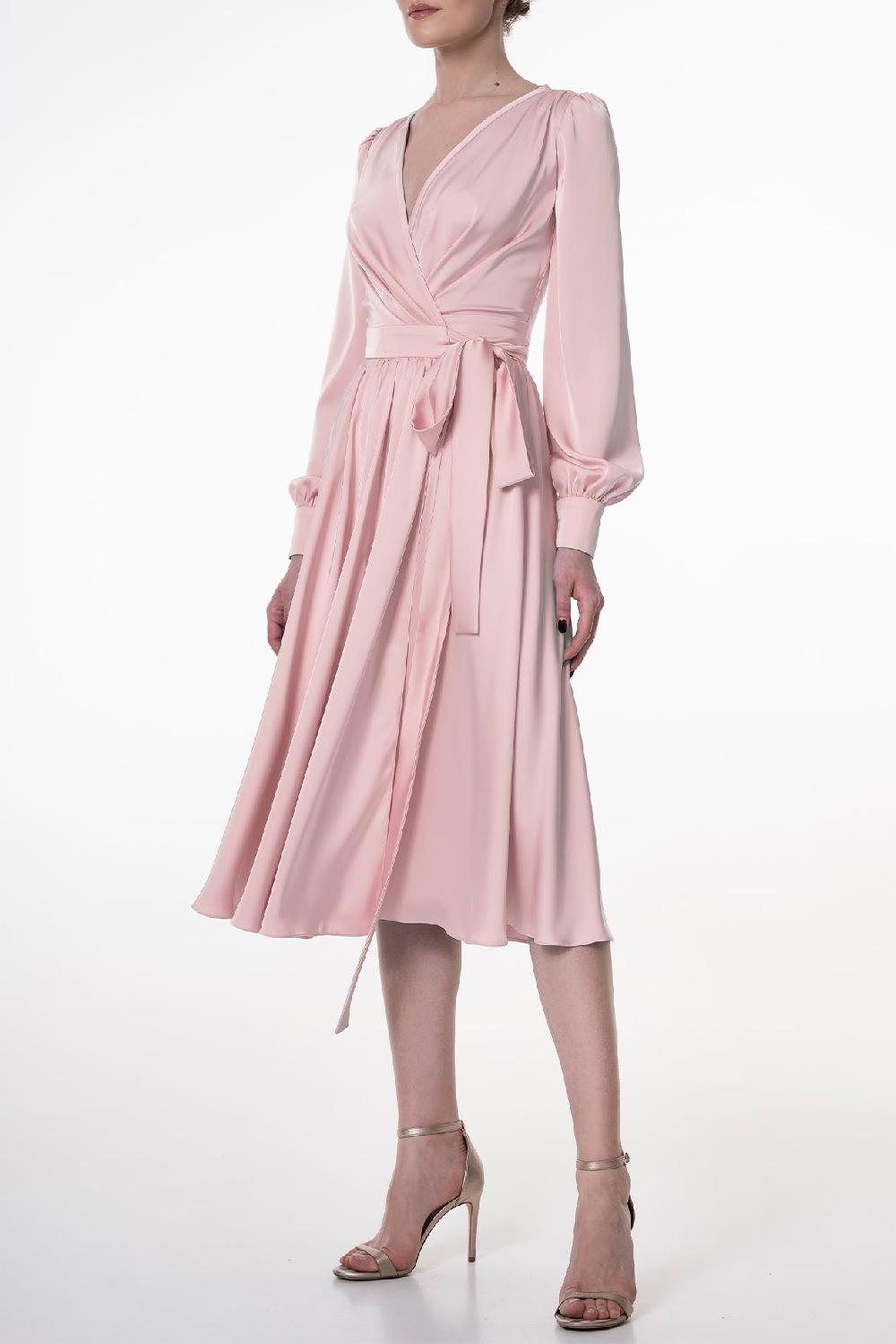 Rhea Costa Louise Soft Pink Satin Crepe Midi Dress