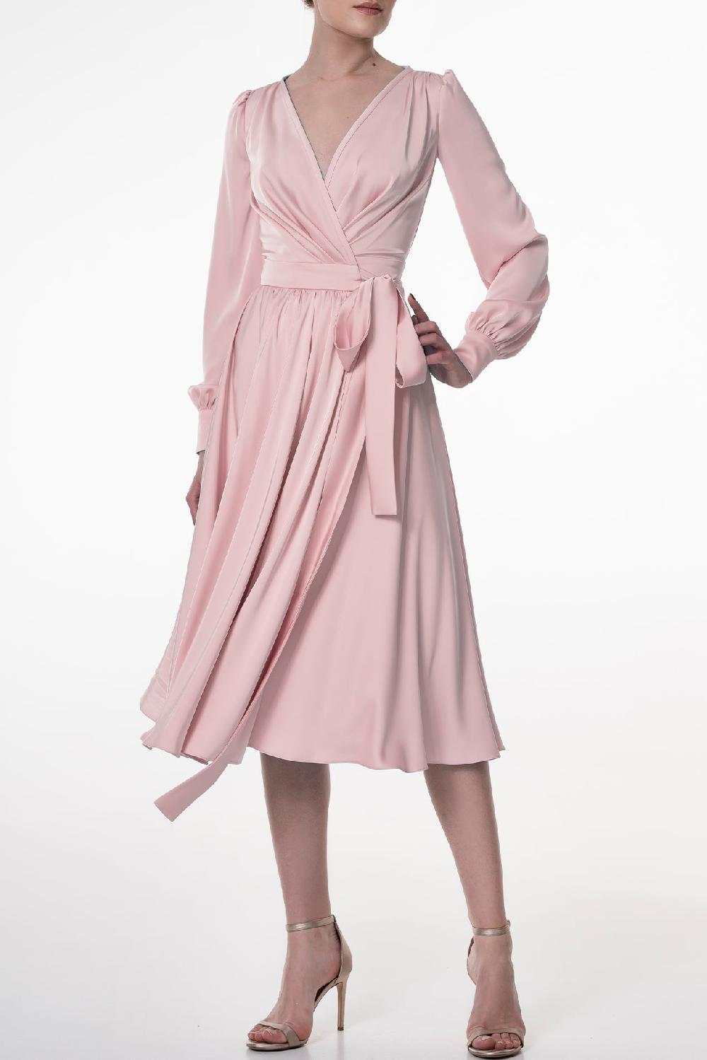 rhea costa Louise Soft Pink Satin Crepe Midi Dress